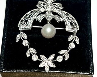 Gorgeous Edwardian 18K White Gold Diamond Pendant Brooch, Lavaliere Style, with Pearl Dropper, ON SALE!