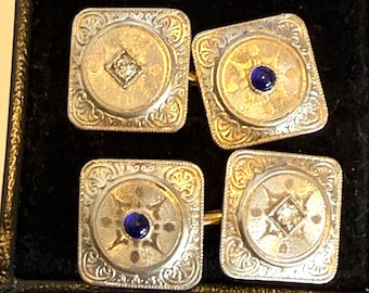 HEAVY Art Deco 14K & PLATINUM Diamond and Sapphire Engine Turned Cufflinks, 8.66 Grams, Outstanding!