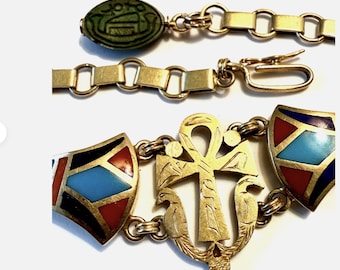 Egyptian Custom, One of a Kind Ankh with Falcons 18K Gold Enamel Lotus Linked Bracelet, Revival, Rare and Wonderful w Ancient Scarab Charm