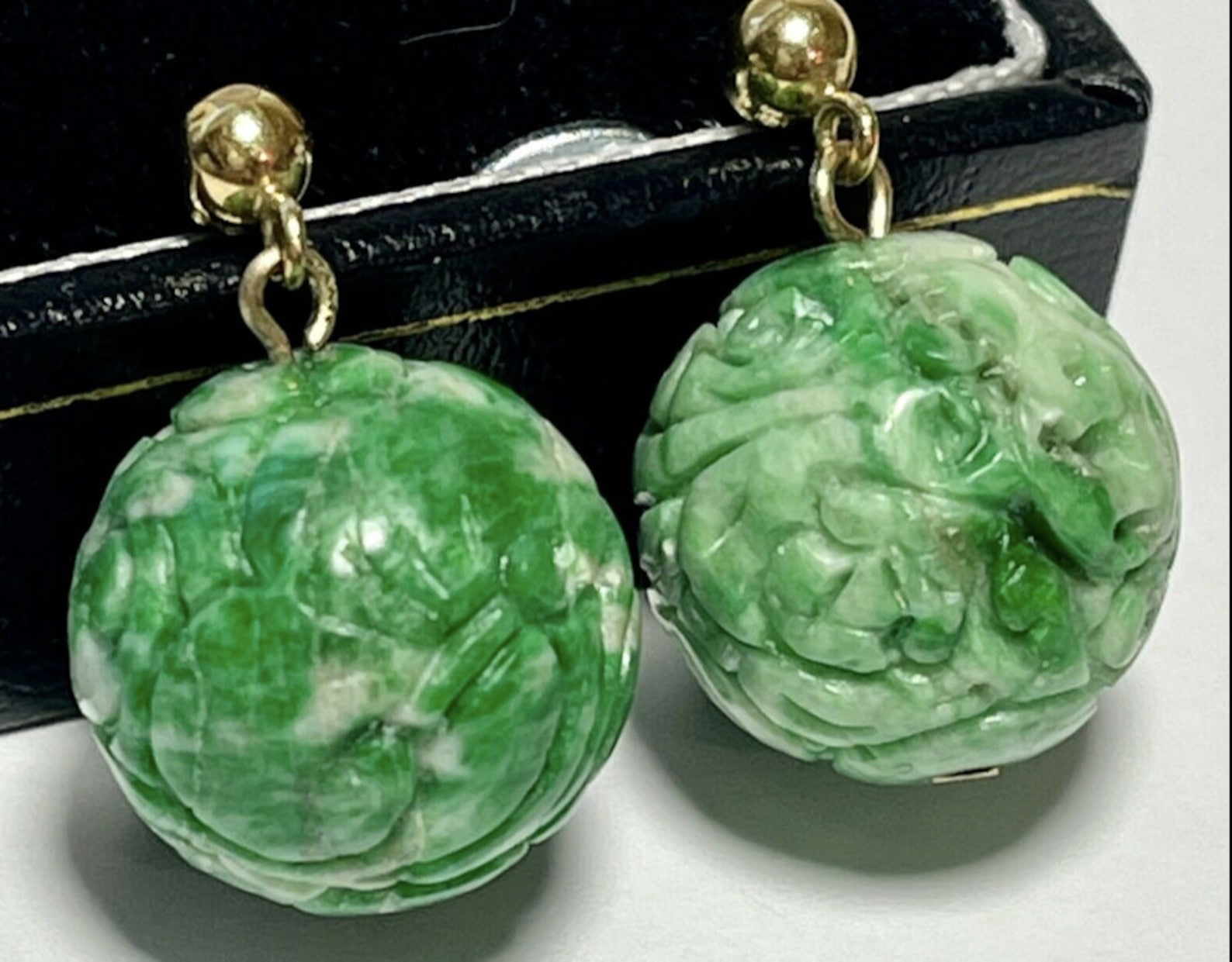 HUGE Jadeite Jade Antique Carved Ball Earrings in 14K Yellow Etsy