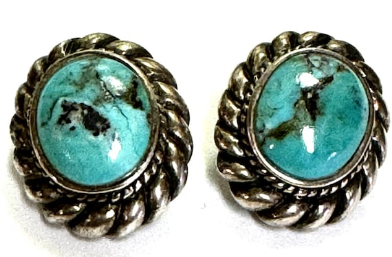 Anciennes Boucles D'Oreille Clip - Miniature Peinte Signée FL, Argent Et Turquoises - Diamètre 22mm