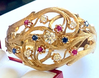 Outstanding 49.5 Gram 14K Bracelet, 1 Carat Diamond Solitaire, Rubies, and Sapphires, Appraisal at 9800!