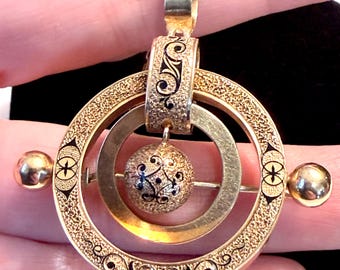 Wonderful Antique 14K Yellow Gold Tracery Enamel Pendant Brooch, Concentric Style
