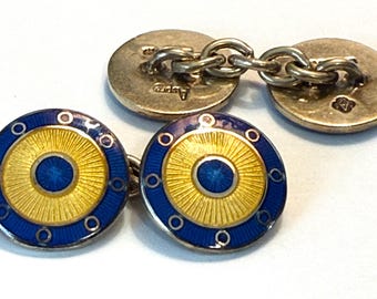 Vintage Heavy ASPREY 9K Gold Canary Yellow and Bright Blue Cufflinks, Perfect!