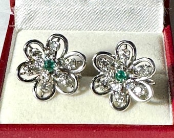 Gorgeous 14K White Gold Diamond and Emerald Mid-Century Screwback Earrings, High Quality, 8.6 Grams