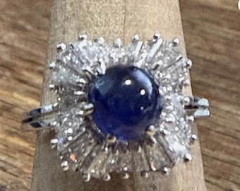Fantastic Vintage 14K White Gold Icy Blue Sapphire Diamond Ballerina Ring, NO HEAT Sapphire!