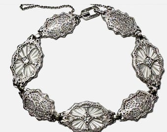 Emesco Art Deco 14K White Gold Radiant Carved Crystals and Diamond Bracelet, Linked Style, Gorgeous!
