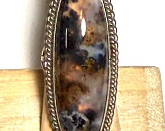 Vintage Handmade Sterling Silver Petrified Wood Ring, Portrait Landscape Style
