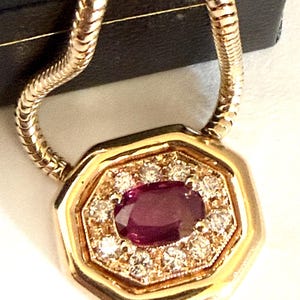 Gorgeous Vintage 14K Gold Ruby and Diamond Pendant Necklace, Snake Chain