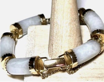 Gorgeous Vintage 14K Yellow Gold White Jade Segment Bracelet, High Quality