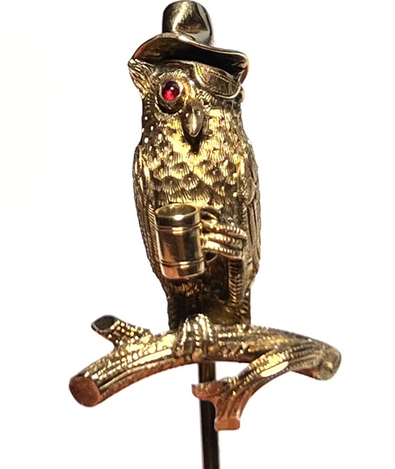 Whimsical Unique 14K Gold Owl Stickpin with Eye p… - image 1