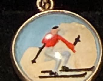 Antique Reverse Crystal Charm or Pendant, Winter Skier, Sports, 1920s-1930s