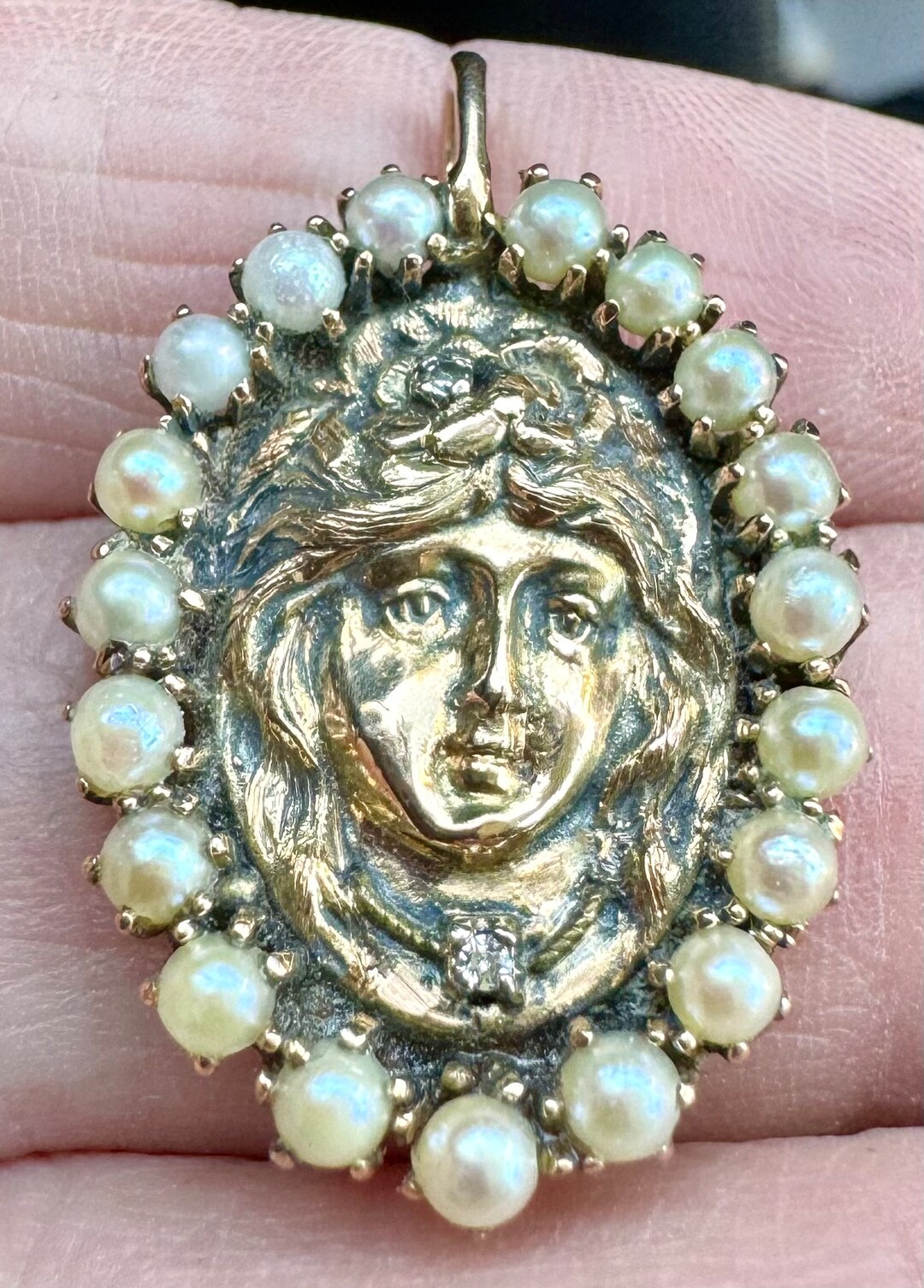 Art Nouveau 14K Yellow Gold Lady Pendant With Diamonds and Pearls - Etsy