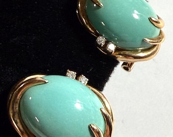 Vintage 14K Gold Turquoise & Diamond 1980s Lever Back Earrings, Substantial