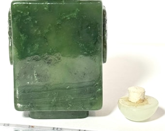 Chinese Carved 18th-19th Century Jade Snuff Bottle Hallowed w Mask & Loop Handles, Rare and Very Fine