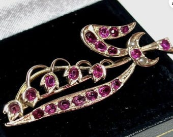 Imperial Russian Ruby and Seed Pearl Art Nouveau Era Lily of the Valley Pin, Brooch