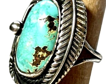 Vintage Signed Handmade OOAK Native American Silver Turquoise Ring, c1970s