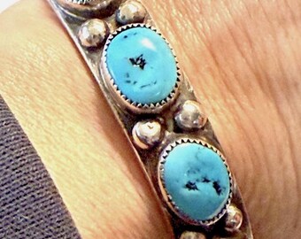 Vintage Native American Sterling Silver Turquoise Cuff Bracelet, Substantial