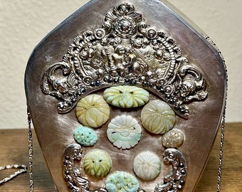 Boucles D'oreille Clips Anciennes - Miniature Peinte Signée FL, Argent Et Turquoises