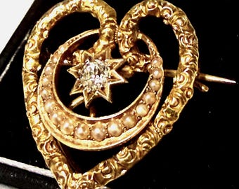 Sentimental  & romantic 14K Gold Diamond Pearl Crescent, Star and Heart Pendant
