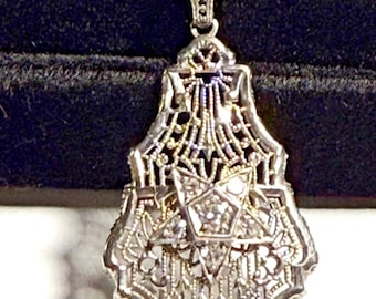 OES Order of the Eastern Star Art Deco 14K White Gold Filigree Pendant with Diamonds, 1920s