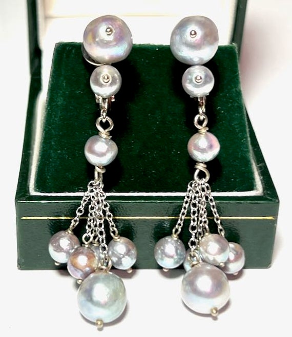 Lovely Vintage 10K White Gold Gray Pearl Dropper … - image 1