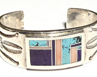 Signed OOAK Ray TRACEY Sterling Silver Inlay and Stamped Bracelet, Heavy