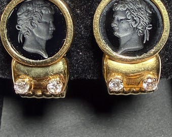 Fabulous 18K Classical Revival Intaglio Diamond Earrings, 1980s, Substantial and High Quality