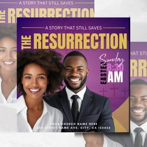 May include: A purple and gold church flyer announcing "The Resurrection" with a Sunday service time of 8:30 AM. The flyer features two smiling people and the text "A story that still saves."