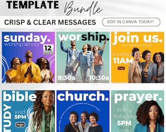 May include: A set of six colorful flyers for a church. The flyers feature different themes, including worship, prayer, bible study, and joining the church. Each flyer has a different color scheme and features a group of people.