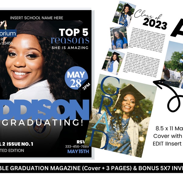 EDITABLE Graduation Magazine Template, Senior Grad Invite, High School Graduation Invitation, College Graduation Announcement Template 2023