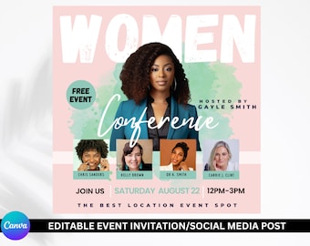 May include: A pink and green watercolor background with the text "WOMEN Conference" in white. The conference is hosted by Gayle Smith and is a free event. The event will take place on Saturday, August 22 from 12pm to 3pm. The event is at the best location event spot.