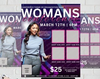 May include: A flyer for a Women's Conference with a purple and pink background. The flyer features a woman speaking at a podium. The text on the flyer reads "Womans Conference" and "March 12th | 6PM".