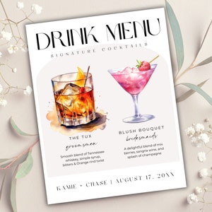 Watercolor Cocktail Menu Sign: Editable Wedding Bar Menu (Digital Download)