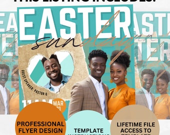May include: A teal and brown flyer with the text "Easter Sunday" and a heart-shaped cutout with a photo of a person. The flyer also includes the text "Guest Speaker: Pastor O" and "Mar 11 AM". The flyer is for a professional flyer design template.
