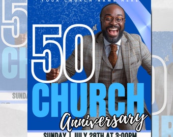 May include: A blue and white flyer with a photo of a man in a suit smiling. The flyer says "50th Church Anniversary" and "Sunday July 28th at 3:00pm".