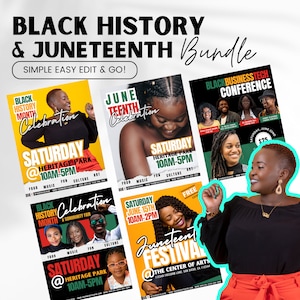Puede incluir: Un conjunto de seis folletos coloridos para los eventos del Mes de la Historia Negra y Juneteenth. Los folletos presentan imágenes de personas negras y texto que dice "Black History Month Celebration", "Juneteenth Celebration", "Juneteenth Festival" y "Black Business Tech Conference".