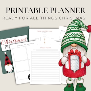 Puede incluir: Planificador de Navidad imprimible con una ilustración de gnomo festivo. El planificador incluye secciones para inspiración de árbol de Navidad, colocación de la mesa, lista de deseos de regalos y detalles de la fiesta.