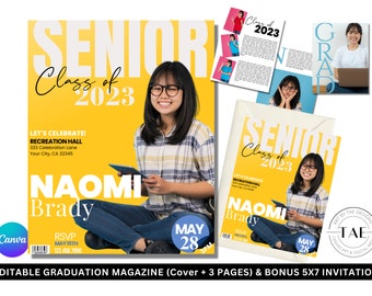 May include: Editable graduation magazine cover with a yellow background and a photo of a young woman in a plaid shirt. The text "Senior Class of 2023" is in large white letters. The text "Let's Celebrate! Recreation Hall 333 Celebration Lane Your City, CA 32345" is in black text. The text "Naomi Brady" is in large white letters. The text "RSVP May 15th 123.456.7890" is in black text. The text "May 28" is in blue text on a white circle. The text "3PM" is in black text on a white circle.