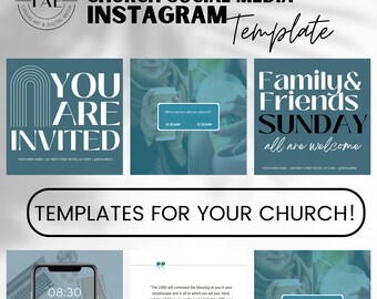 May include: Three Instagram post templates for a church. The first post is blue with white text that says "You Are Invited". The second post is blue with white text that says "What service will you attend? 9:30 AM 11:30 AM". The third post is blue with white text that says "Family & Friends Sunday All are welcome".