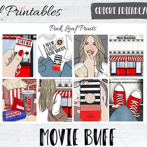 May include: Printable planner stickers with a movie theme. The stickers feature a red and white striped popcorn bucket, a red and white striped cinema ticket, a red and white striped phone case, a red and white striped pair of sneakers, and a woman with a red and white striped shirt. The text "MOVIE BUFF" is in large letters at the bottom of the image.