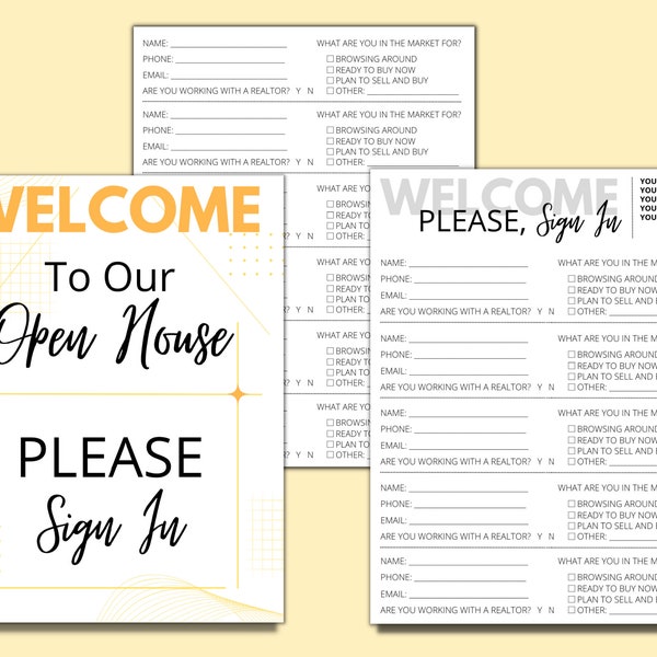 Open House Sign In Sheet Custom PDFs, Welcome Signs | Real Estate Agent Marketing Templates, Realtor Editable Forms in Canva