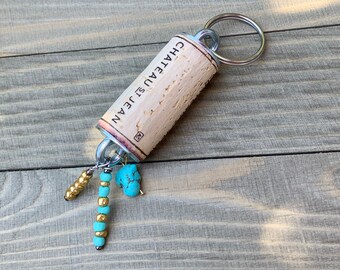 Cork Keychain with Turquoise and Gold beaded accents