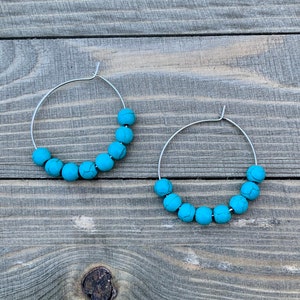 Turquoise beaded hoop earrings, strung on silver hoops, 35mm - choice of all turquoise or turquoise and wood beads