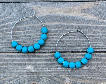 Turquoise beaded hoop earrings, strung on silver hoops, 35mm - choice of all turquoise or turquoise and wood beads