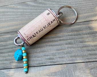 Cork Keychain with Turquoise and Gold beaded accents