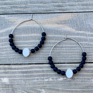 Black (or) Black & White, beaded hoop earrings- strung on silver hoops, 35mm.