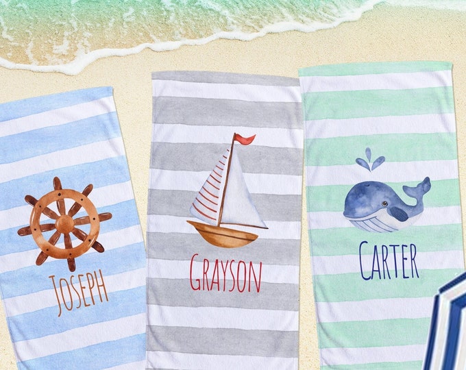 Sea Watercolor Large Personalized Beach Towel Personalized Name Bath Towel Custom Towel Beach Towel With Name Outside Birthday Vacation Gift