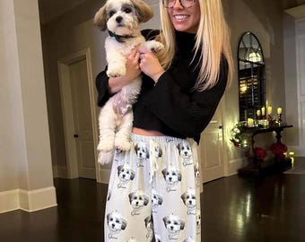 Aangepaste huisdierportret pyjamabroek met huisdierfoto + naam aangepaste hond gepersonaliseerde pyjamabroek fotobroek hond vader hond moeder cadeau
