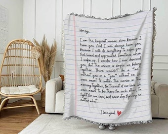 Love Letter Blanket: Gepersonaliseerd cadeau voor mama, geweven handschrift Custom Throw voor papa of mannen, Moederdag, grootouder, katoenen jubileum